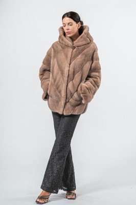 Real Fur Mink Cappuccino Diagonal Jacket With Hood