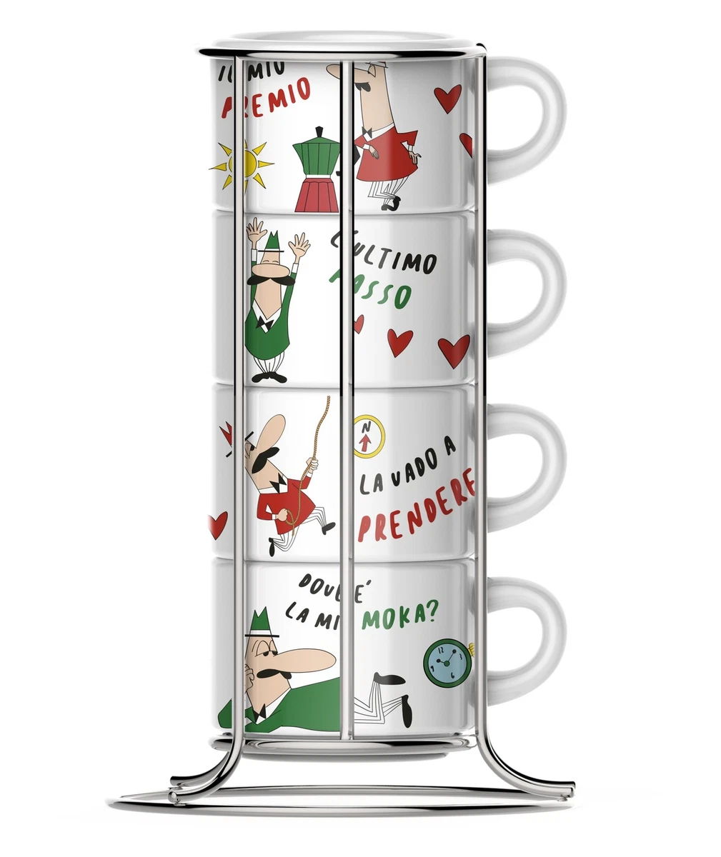 BIALETTI Cappuccino Kaffee Tassen 4'er Set mit Ständer Porzellan Italia TAZZ203