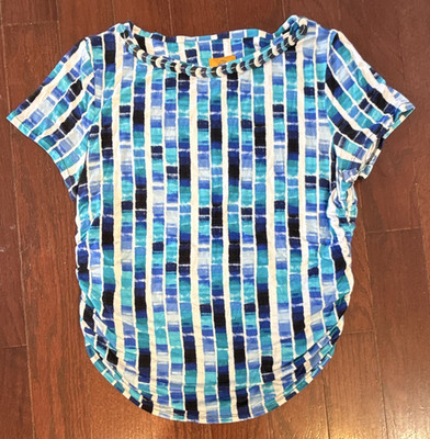 Ruby Rd. Women s Blue Striped Round Neck Beaded Knit Stretch Top Size M