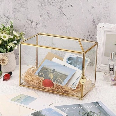 Gold Glass Card Box with Lock & Slot Wedding Birthday Gift Money Box Organizer