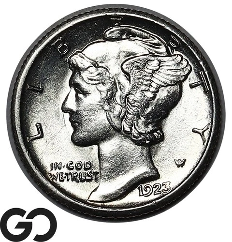 1923-S Mercury Dime, Full Split Bands, RARE This Nice, Solid Gem BU++ Key Date