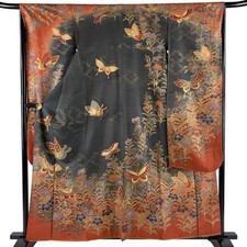 Woman Japanese Kimono Furisode Silk Butterfly Flower Gold Foil Gray 160cm
