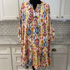 Calessa Dress Womens 2XL Orange Blue Pink Print Tiered Bell Sleeve Bohemian