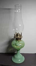 Vintage Mosser Green Opal Daisy & Fern Jadeite Base Oil Lamp 16" Model 205GO