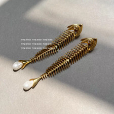 Schiaparelli Gold Fish Bone Pearl Drop Earrings Jewelry