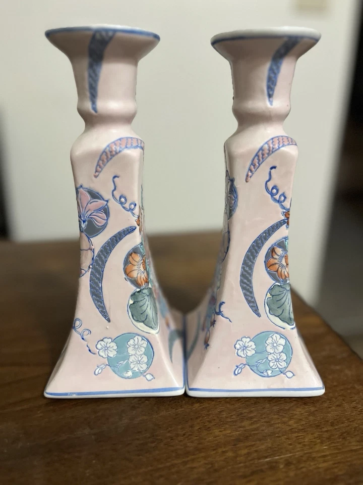 Candle Sticks (2) Chinoiserie Porcelain, Pastel Raised Floral Design 8.75”Tall   - Image 4 of 4