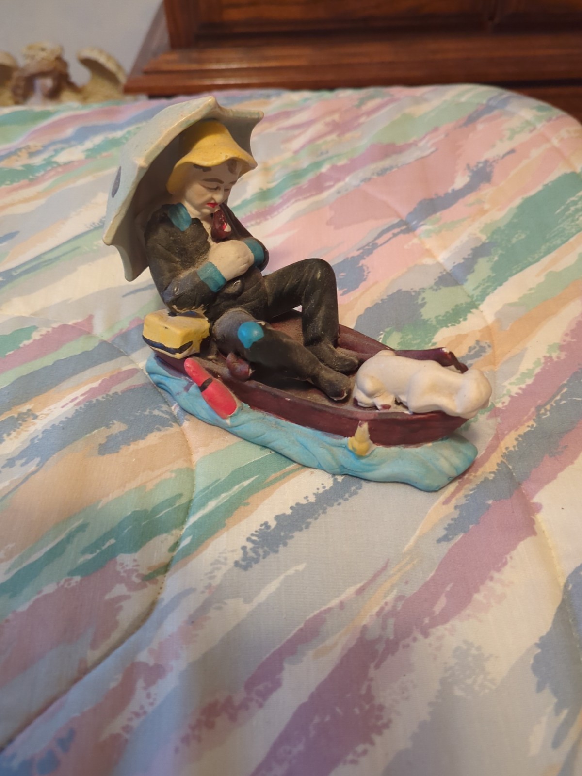 VTG Statue Fisherman Sleeping Drunk Man with Dog on Boat Ceramic Figurine
