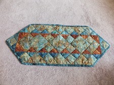 Beautiful Handmade Quilted Table Runner Teals Browns 28x11.5"