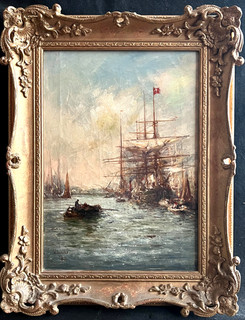 WILLIAM WEBB 1862 1903 SAILBOATS MOORED "IN POOLE HARBOUR" ANTIQUE OIL PAINTING