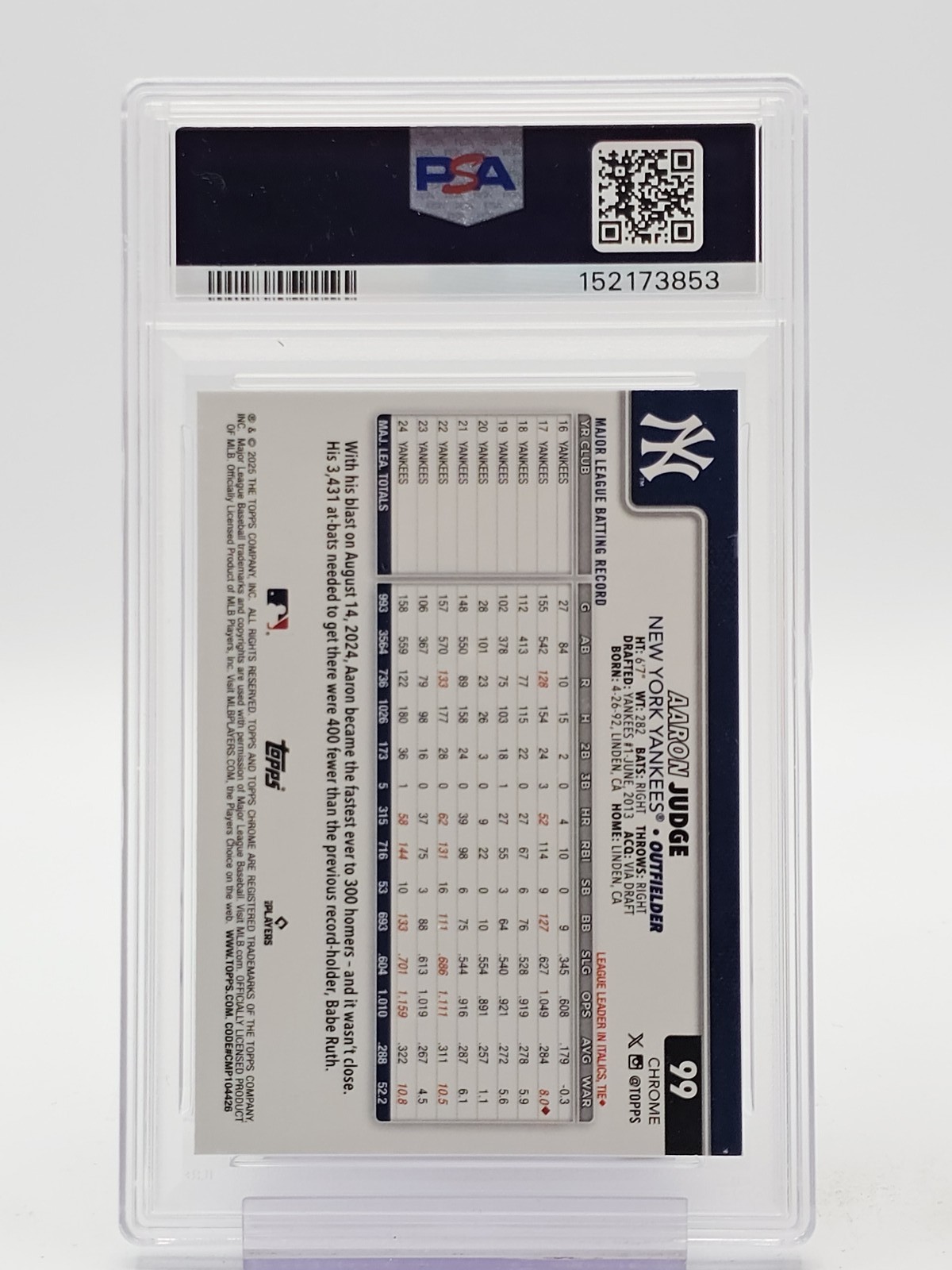 AARON JUDGE 2025 TOPPS CHROME RAYWAVE #99 YANKEES PSA 9 Q6438 view 2