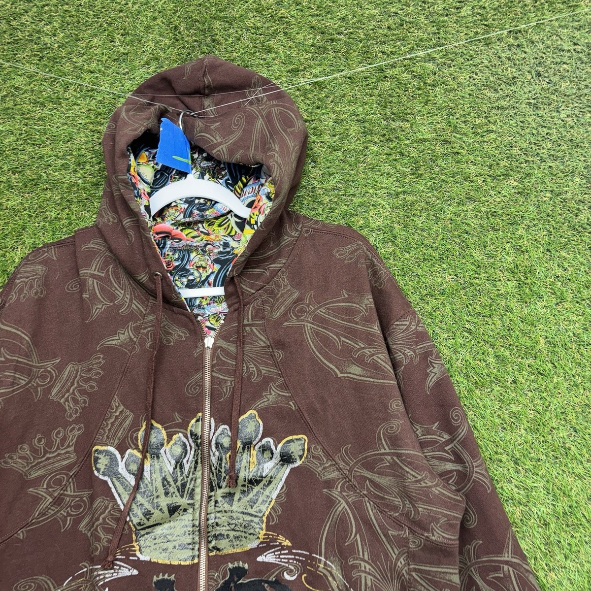 Vintage ED HARDY Christian Audigier Hoodie Mens Large AOP