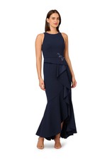 Adrianna Papell Midnight Blue Studio Beaded Crepe Halter Ruffle Gown Size 4 179