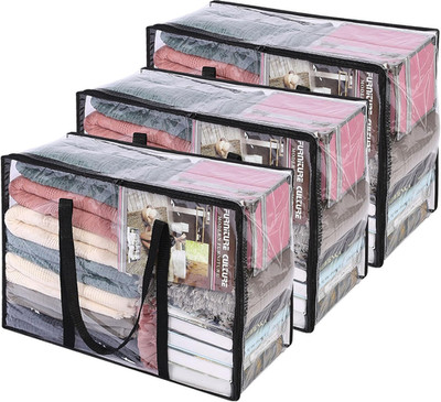 3 Pack Clear Clothes Storage Bag, 40L Plastic Blanket Storage Bag with Zipper, F
