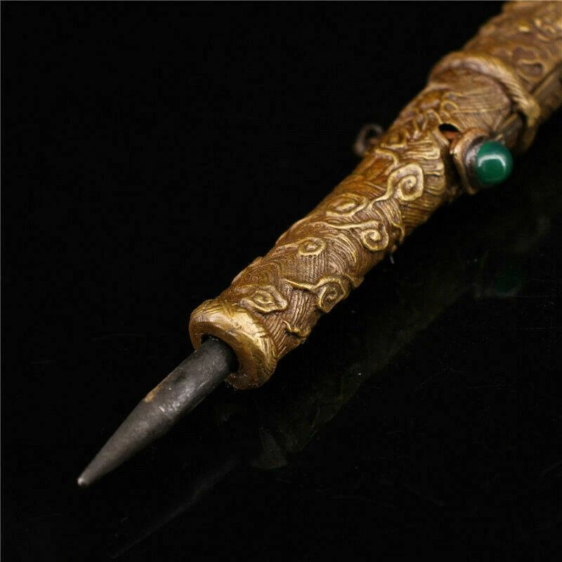 8.66" Antique Chinese purple copper inlay gem Dragon head Sleeve arrow sword - Image 4 of 4