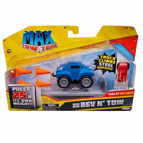 Max Tow Truck Mini Rev N' Tow With Trailer Climbs Steel Surfaces Pulls 25x Blue