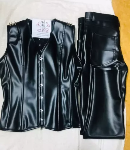 MEN Corset VEST _PU Leather Spiral Steel Boned Corset Vest With Pant Party Dress