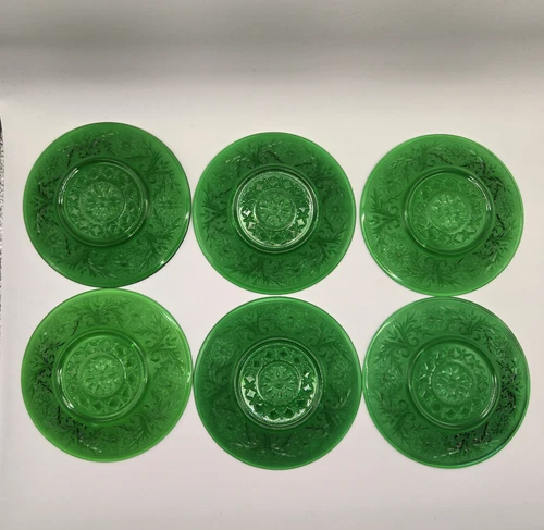 VTG Green Anchor Hocking Depression Glass 6 Saucers Butter Roll Glass