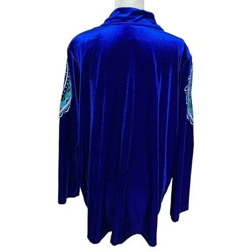 BOB MACKIE WEARABLE ART - VINTAGE ROYAL BLUE VELVET PEACOCK ZIP JACKET - SZ M - Picture 6 of 10