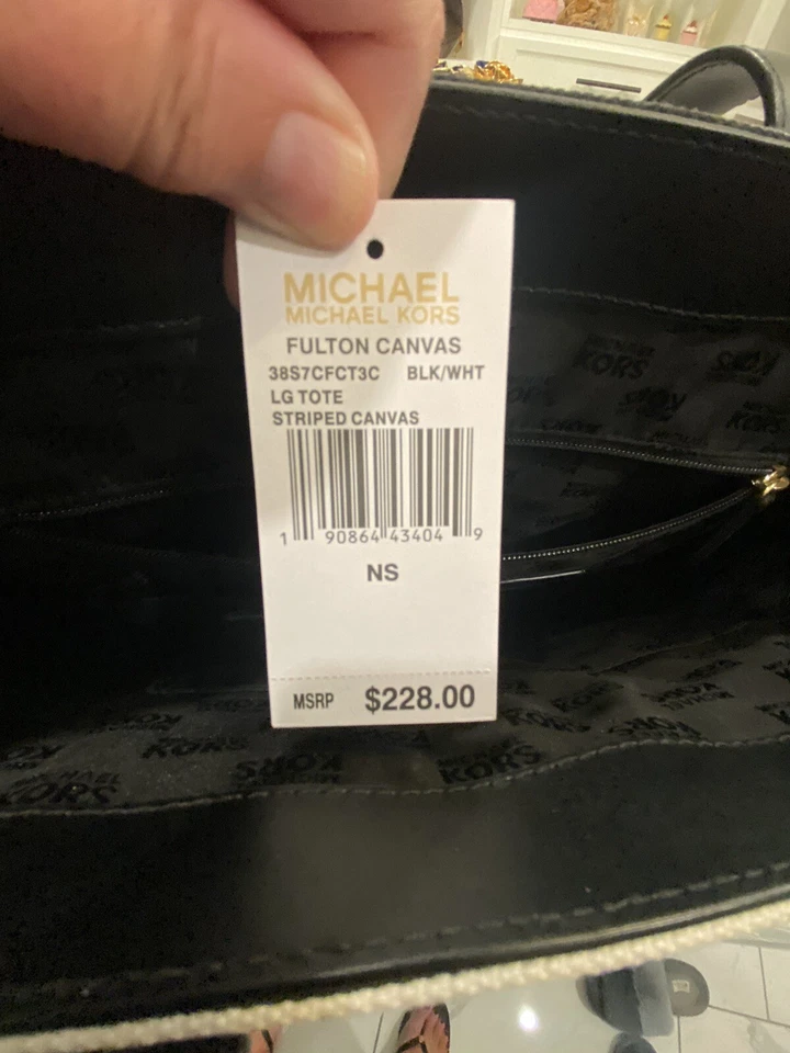 BOLSO DE HOMBRO MICHAEL KORS MK LOGO FULTON LONA RAYAS MEDIANO NEGRO AUTÉNTICO Foto 4 de 4