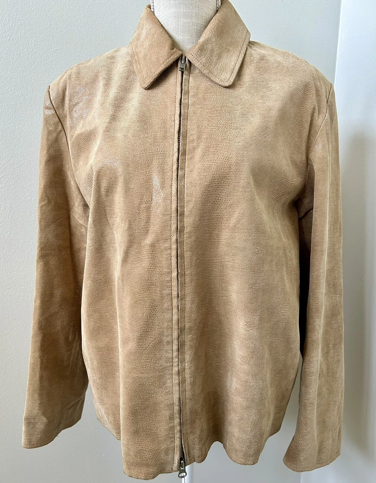 Chaqueta vintage de cuero genuino con cremallera completa, beige arena, para mujer talla 14, Olsen años 90 Foto 2 de 4