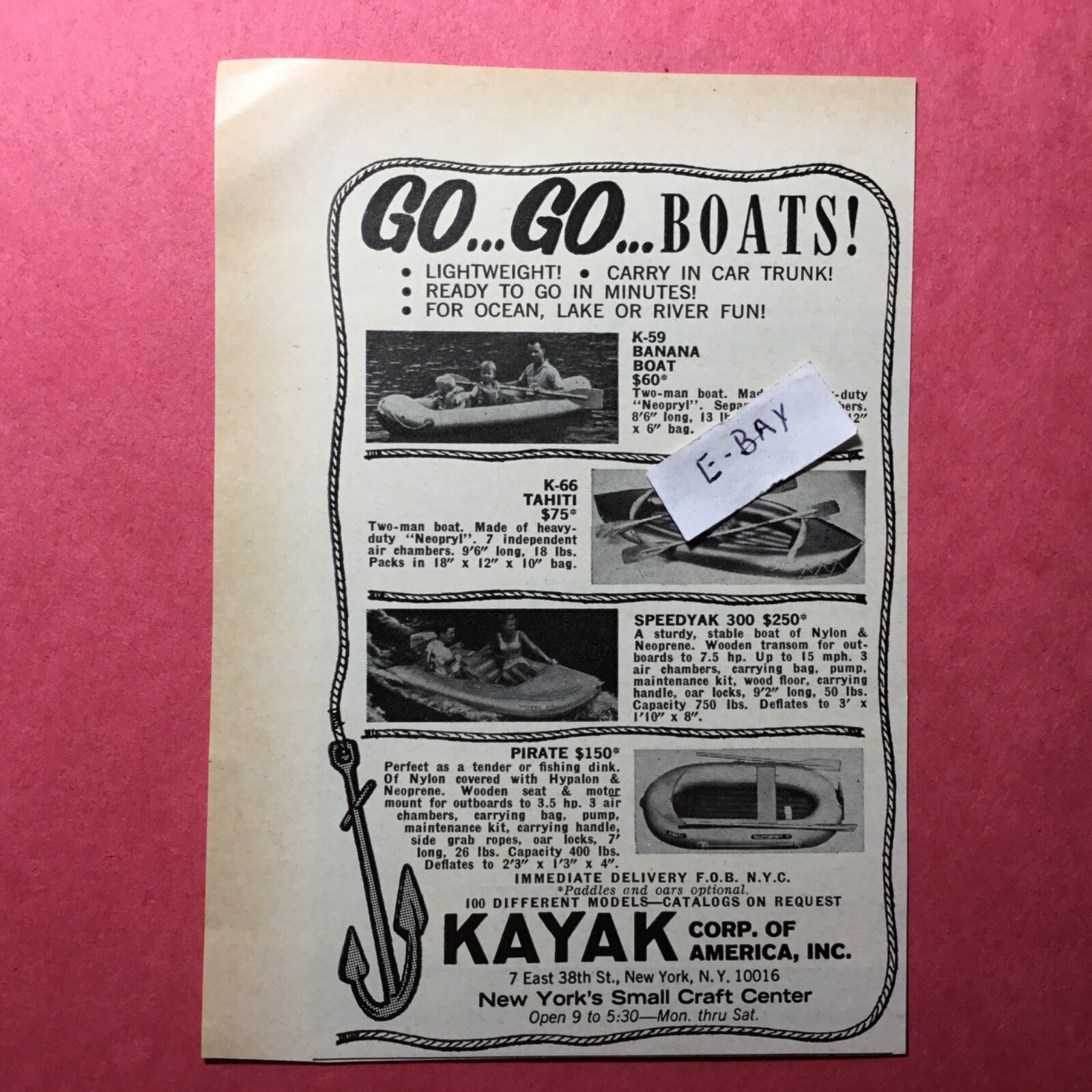1967 Ad. Kayak Corp of America Inc. K-59 Banana Boat. K-66 Tahiti