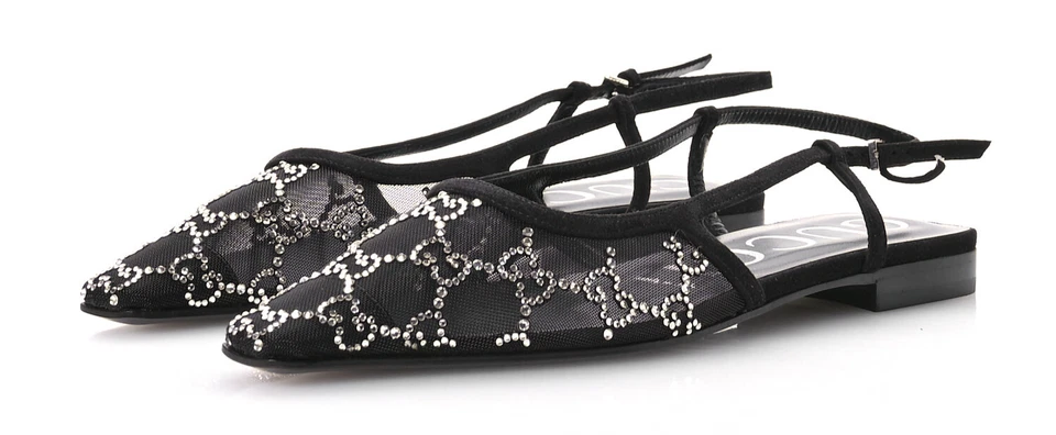 Подлинный GUCCI Aria сетки и замши Demi GG кристаллы слинга плоский, 38EU / 8 США - Изображение 4 из 4