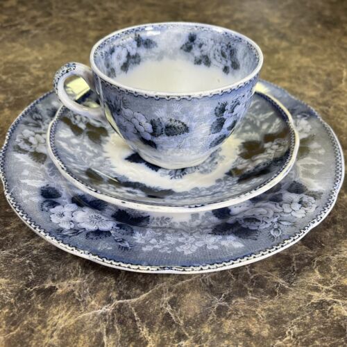 Rare W Adams & Co Tunstall England Wild Rose Flow Blue Tea Cup Saucer Plate Trio - Picture 2 of 9