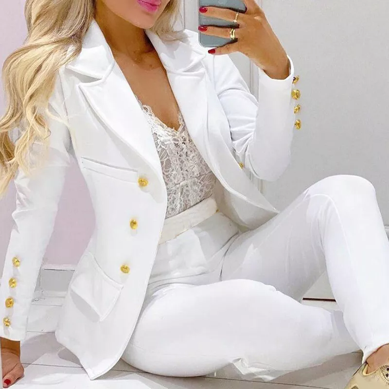 Spring Autumn Long Sleeve Women Blazer Pants Suit Set Elegant Formal OL Office