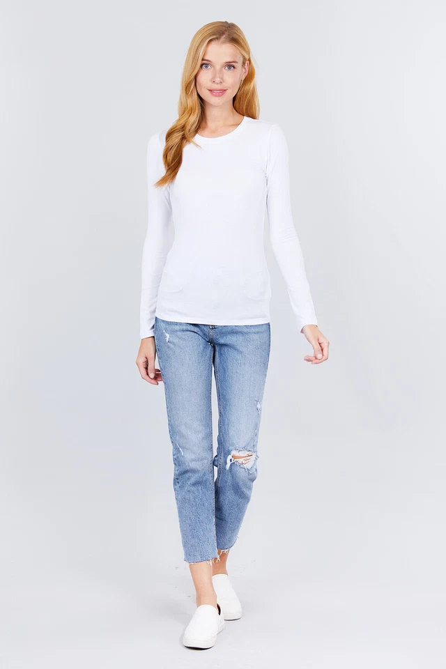 Camiseta para mujer de algodón elástica manga larga lisa ajustada capas ajustadas lisas Foto 4 de 4