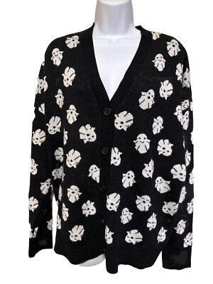 Hot Topic Halloween Cardigan Sweater size Large Ghost Black Knit Stretch Boo