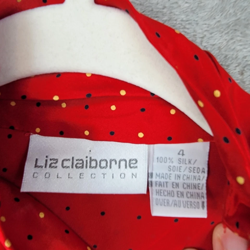 Top retro vintage de seda Liz Claiborne años 80 para mujer 4 almohadillas rojas a lunares Foto 3 de 4