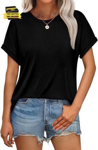 Womens T Shirts Crew Neck Rolled Short Sleeve Basic Summer Tops 2025 Casual Tees