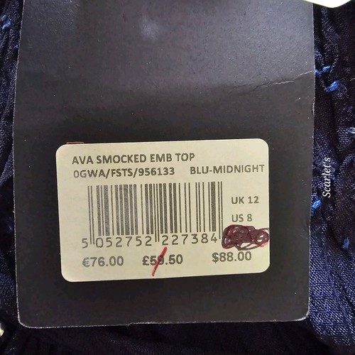 Fat Face Smocked Top Ava Embelished Midnight Blue Size 12 Semi Sheer New - Picture 4 of 14