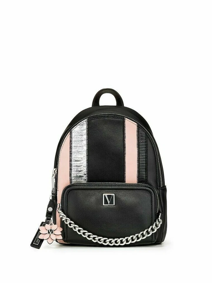 Victoria's Secret EXOTIC MIX Mini Backpack NEW BLACK Flower Hangtag Chain Zipper - Image 3 of 3