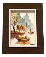 Vintage Original L. Wong Oil Painting On Board Signed by Artist Hong Kong 70s