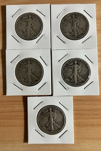 Lot of 5 Walking Liberty Half Dollars 90% Silver (Read Description)