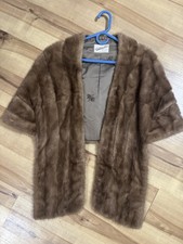 Vintage Real Mink Fur Stole Cape Wrap Brown Pocket Jacket Bridal Wedding Formal