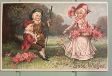 1911 Embossed Best Wish Postcard - 2 Boys & 1 Girl Dressed In Victorian Cloths