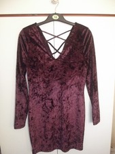 Primark, Burgundy Crushed Velvet Long Sleeve, Bodycon/Pencil Dress Womens UK 12