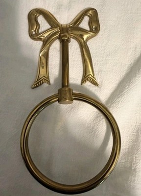 Vintage Solid Brass Bow Towel Ring Holder Hollywood Regency Bathroom Wall Mount