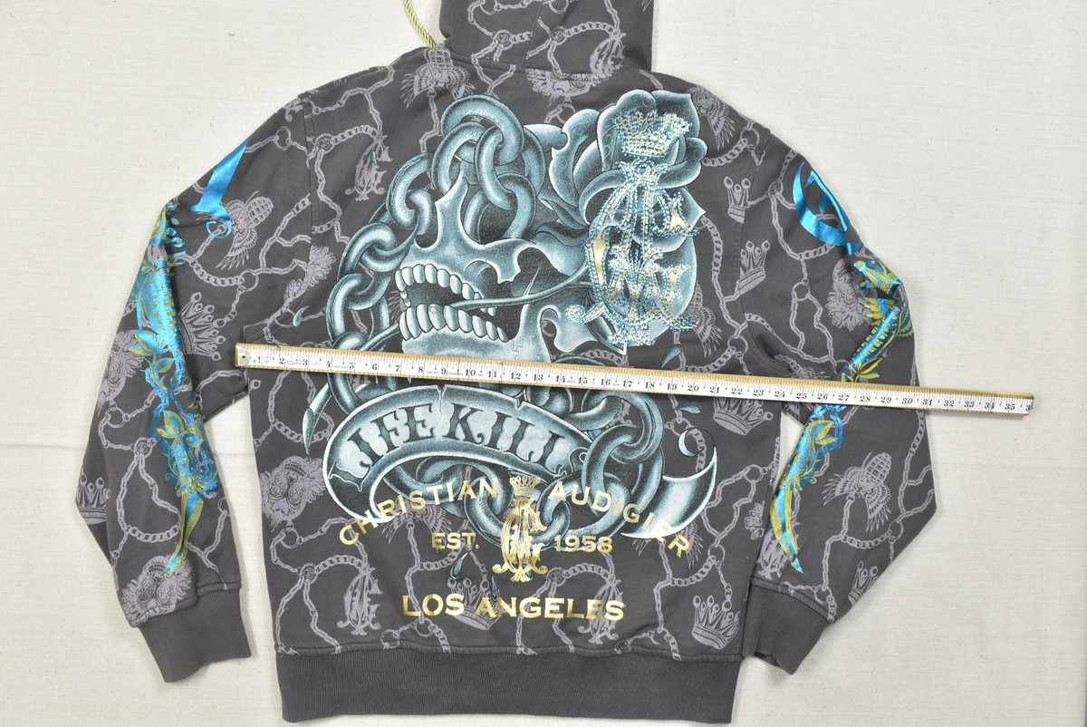 Christian Audigier Men's 2XL Zip Up Hoodie Gray Skull Rose Wings