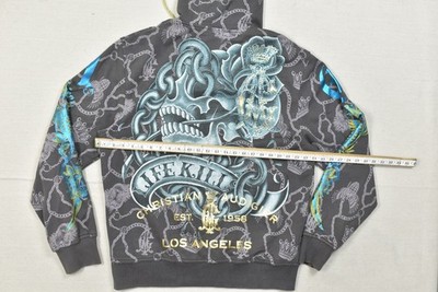 Christian Audigier Men's 2XL Zip Up Hoodie Gray Skull Rose Wings