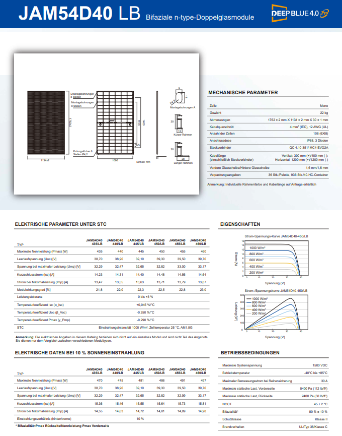 Ja Solar 460W Solarmodul Solarpanel PV Photovoltaik JAM54D40 460 LB ja-solar-460w-solarmodul-solarpanel-pv-photovoltaik-jam54d40-460-lb