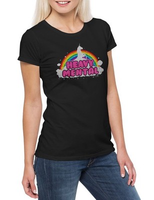 Heavy Mental Damen T-Shirt Rainbow Regenbogen Metal Unicorn Einhorn Music Black
