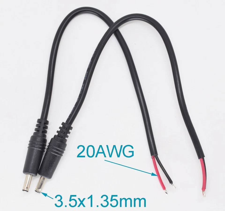 5pcs 20cm 20AWG DC Power 3.5x1.35mm Male Plug 2pin Wire DIY Pigtail Cable - Image 2 of 4