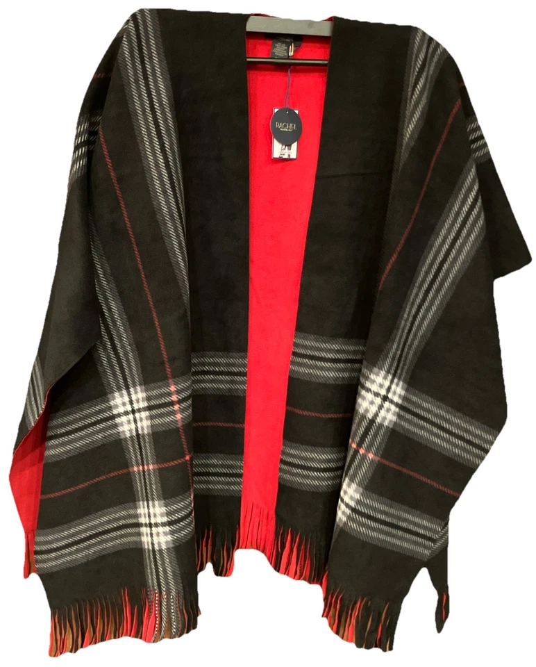 NUEVO Poncho Rachel Roy Reversible Capa Negro Gris Rojo Cuadros, Rojo Sólido Talla Única Foto 3 de 4