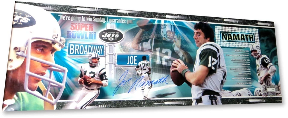 Póster fotográfico autografiado firmado por Joe Namath 12X26 New York Jets Collage JSA