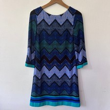 Eliza J Shift Dress Size 6 Blue Chevron Zigzag 3/4 Sleeve Exposed Zipper Mod