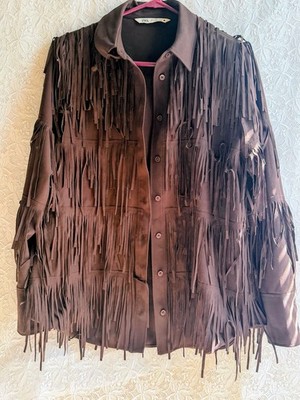 ZARA ZW Collection Brown Maxi Fringe Button Up Shirt Jacket Sz M
