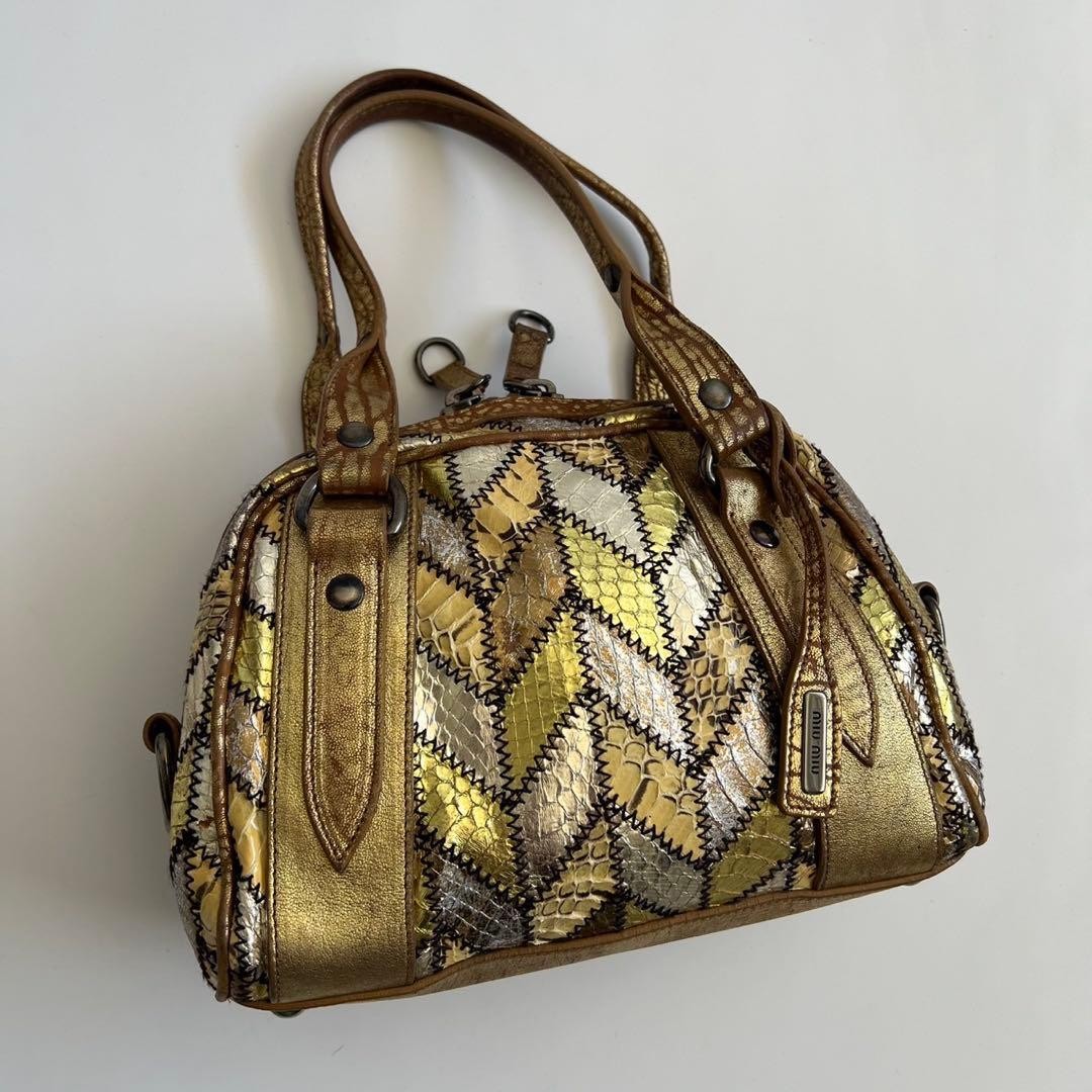 MIU MIU Leather Python Patchwork Handbag Vintage Gold Beige Crossbody Bag — image 4